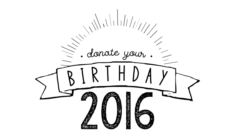 Birthday logo for Saving Moses, featuring the word "BIRTHDAY" on a ribbon with sunburst design, promoting the pledge your birthday campaign to support vulnerable children.