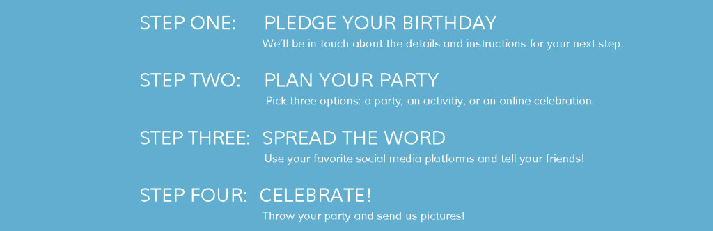 Steps to pledge your birthday for Saving Moses, including instructions to plan a party, spread the word, and celebrate.