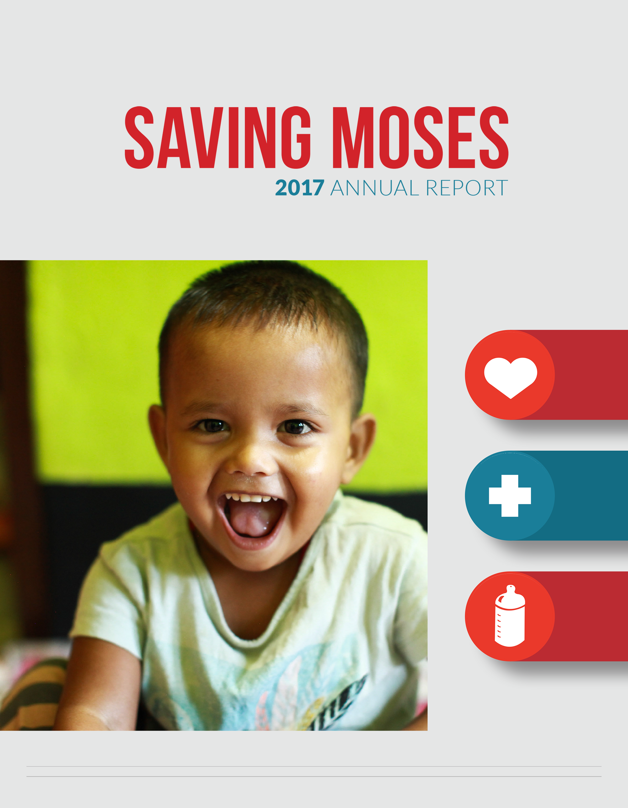 Smiling child featured in Saving Moses 2017 Annual Report, symbolizing care and support for vulnerable children.