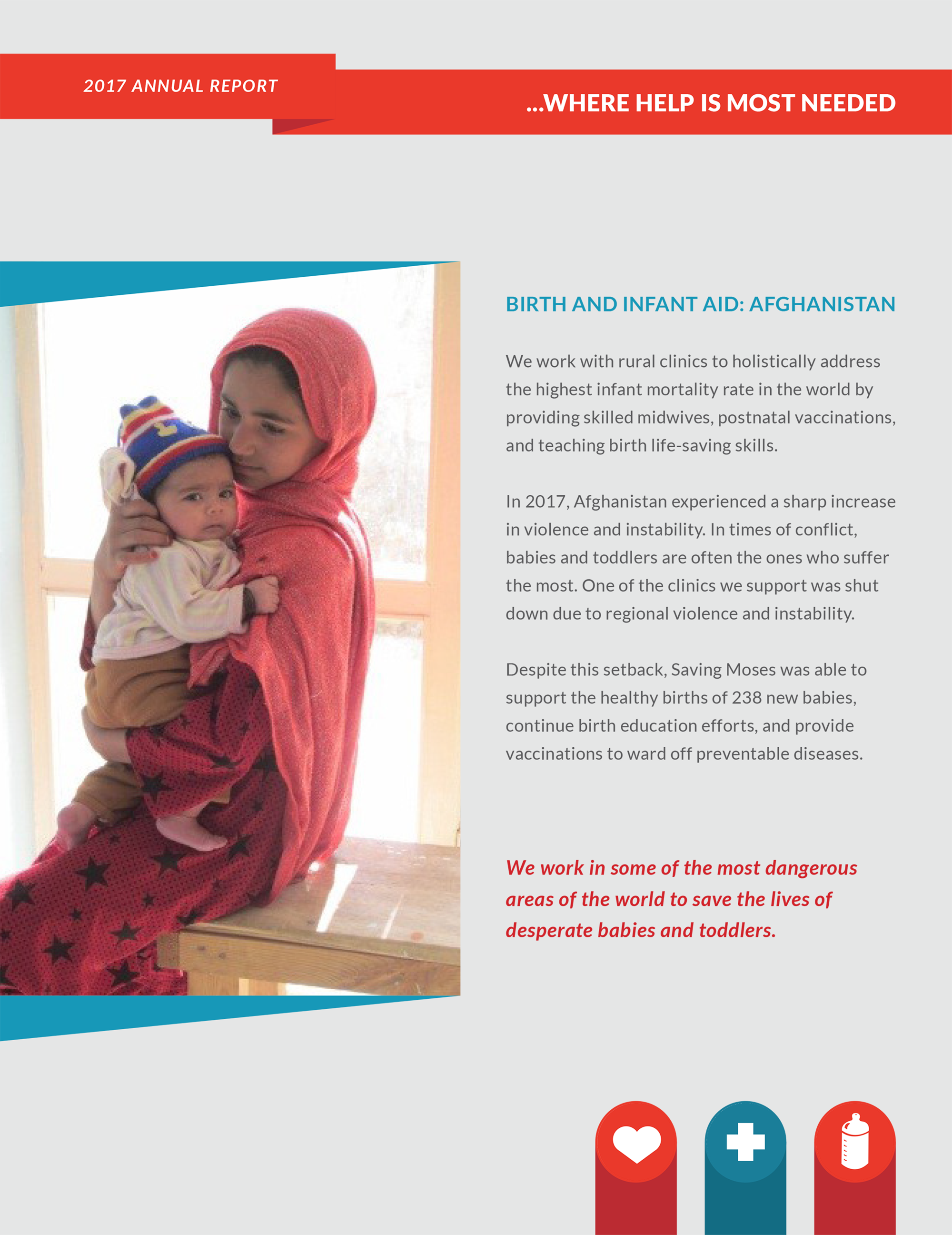 Mother holding infant in Afghanistan, showcasing Saving Moses' efforts in birth and infant aid, addressing high infant mortality rates and providing vaccinations.