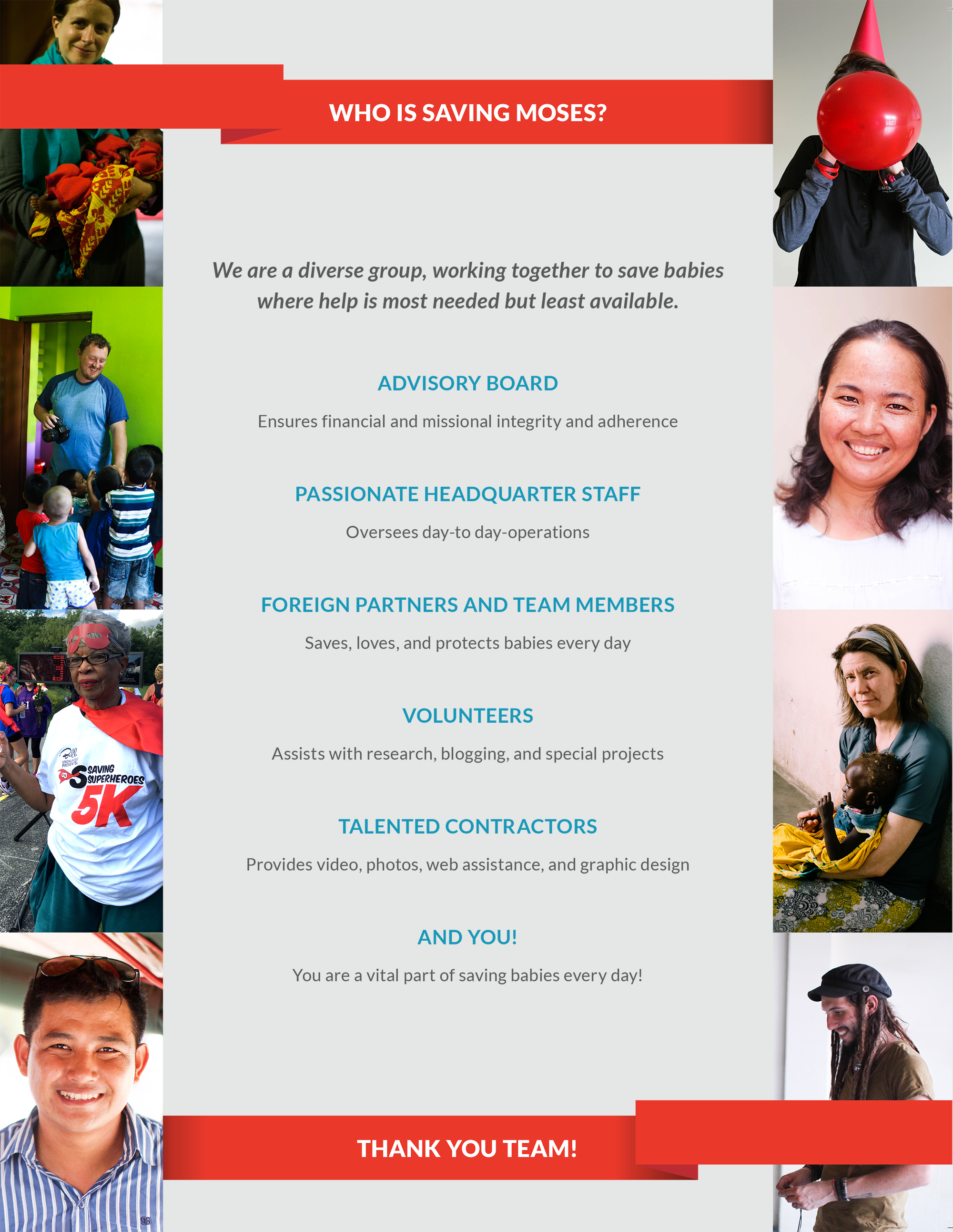 Diverse team members of Saving Moses engaged in various activities, including caring for children, collaborating with volunteers, and providing support to vulnerable babies.