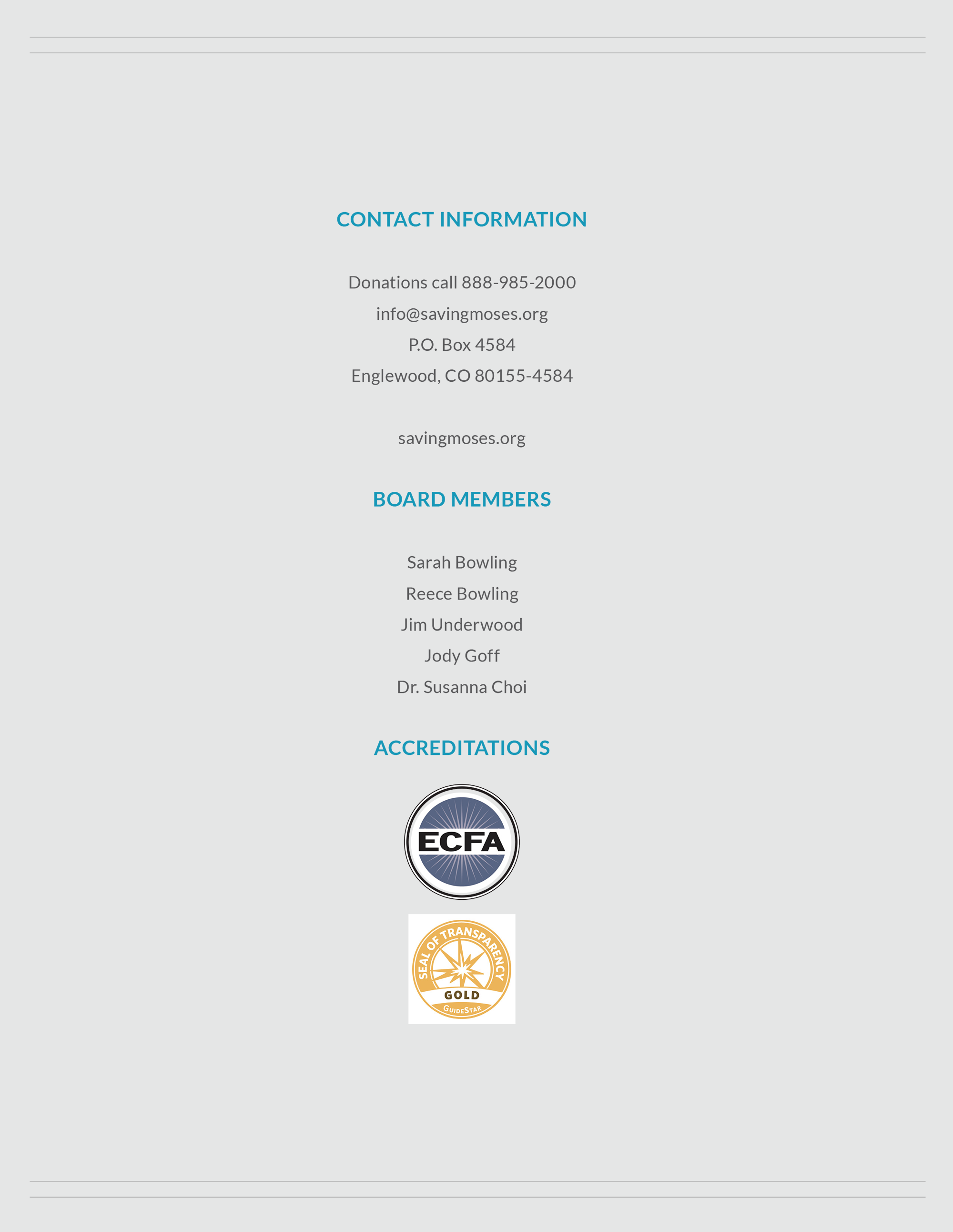 Contact information and board member details for Saving Moses, including accreditations from ECFA and Seal of Transparency.