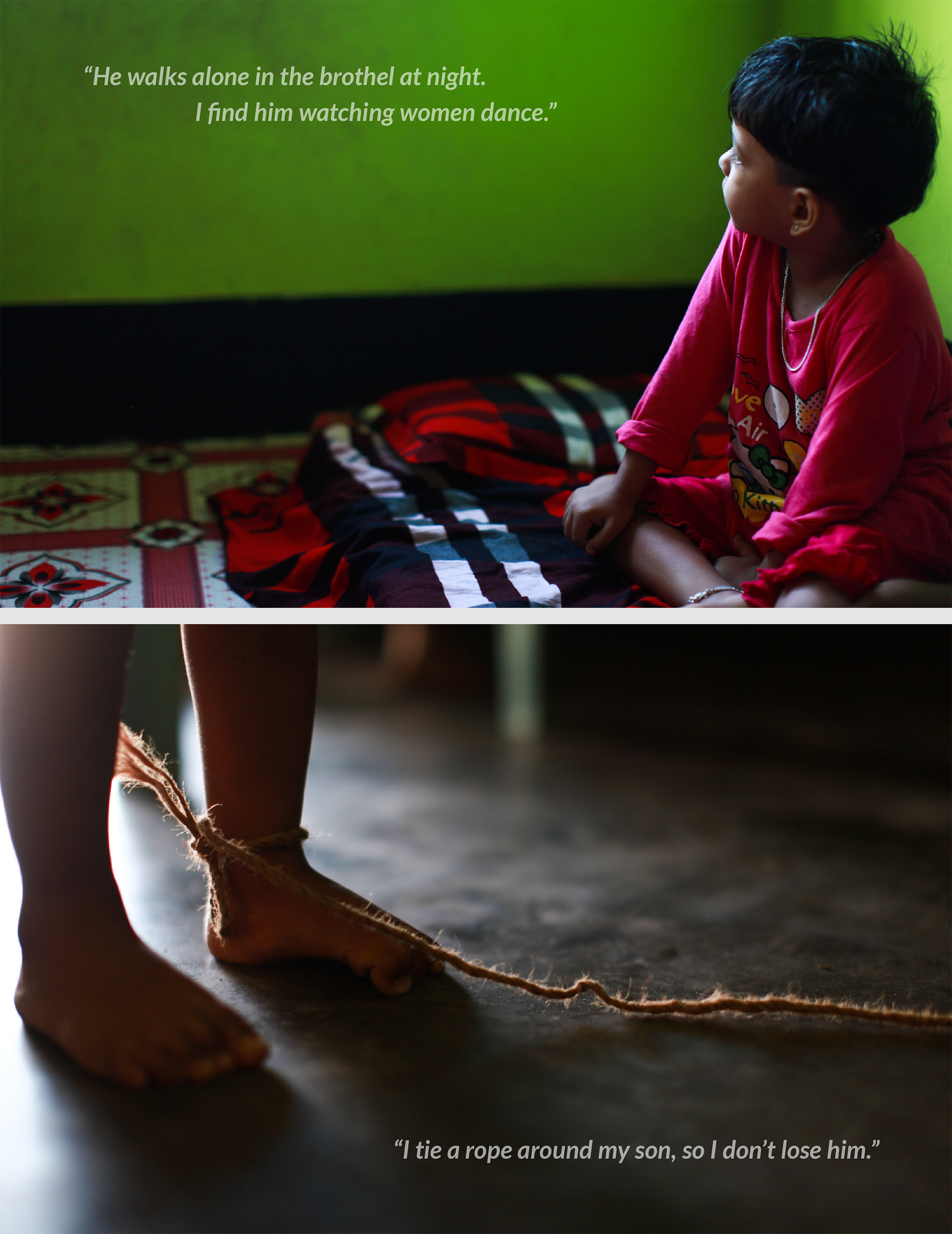 Child sitting on a bed in a dimly lit room, watching intently, with a rope tied around his ankle, illustrating the challenges faced by vulnerable children in brothels, related to Saving Moses' mission to support at-risk youth.