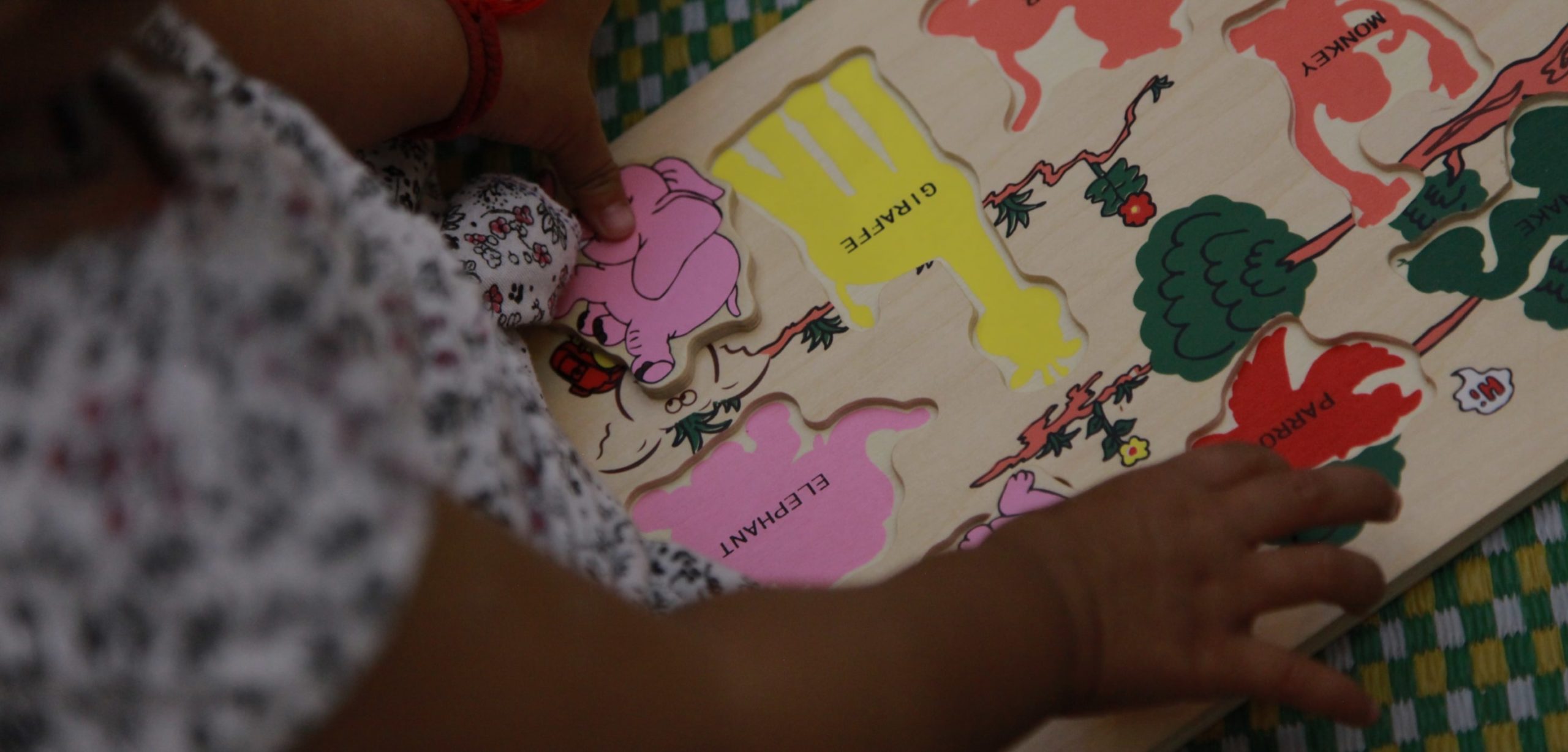 Child's hand placing a pink elephant puzzle piece into a colorful animal-themed wooden puzzle, emphasizing early childhood learning and play.