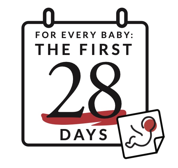 Calendar graphic with the text "For Every Baby: The First 28 Days" and a baby icon, emphasizing the importance of the initial weeks of life in the context of donations and support.
