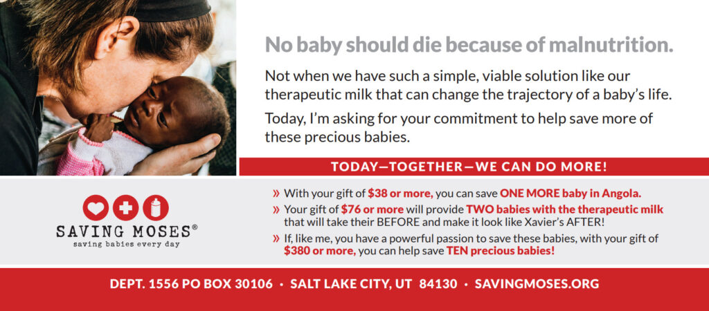 Mother holding malnourished baby, promoting Saving Moses' mission to combat malnutrition and support vulnerable children through donations.