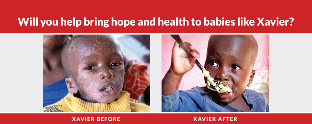 Before and after images of a child named Xavier, showcasing the impact of nutrition assistance, with the text "Will you help bring hope and health to babies like Xavier?" prominently displayed.