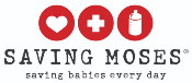 Logo of Saving Moses featuring a heart, medical cross, and baby bottle, emphasizing the organization's mission to save vulnerable babies every day.