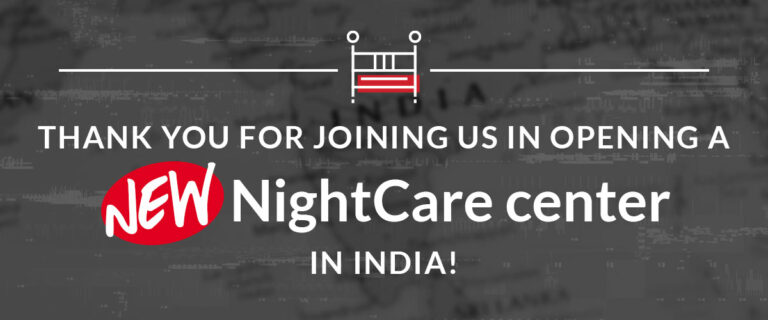Thank you graphic for opening a new NightCare center in India, featuring a red bed icon and bold text emphasizing the initiative's importance for child welfare.