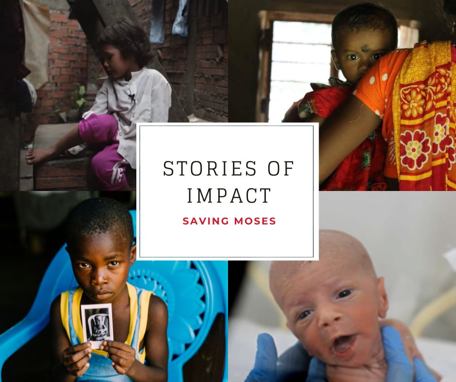 Children facing malnutrition and health challenges, featuring a girl in a rural setting, a baby with a caregiver, a boy holding a photo, and a newborn in medical care, with "Stories of Impact" title overlay for Saving Moses.