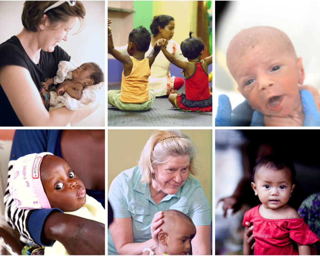 Collage of caregivers with infants, showcasing moments of love and support in the context of addressing malnutrition and child care.