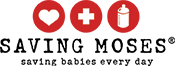 Saving Moses logo featuring a heart, medical cross, and baby bottle, symbolizing child welfare and malnutrition rescue.