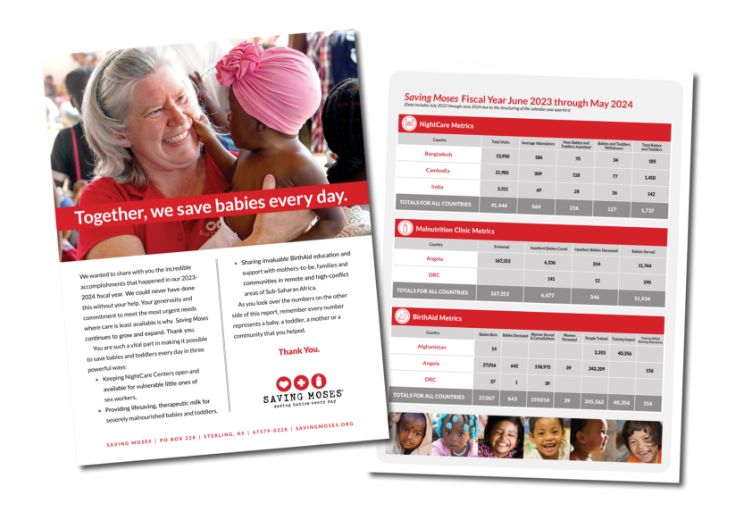 Smiling caregiver holding a child in a pink headwrap, emphasizing Saving Moses' mission to save babies every day, alongside metrics for healthcare programs.