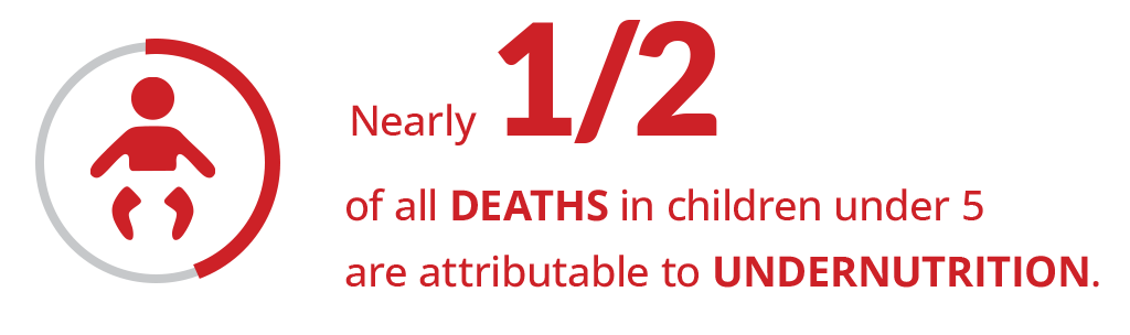 Statistic highlighting that nearly half of all deaths in children under 5 are due to undernutrition, emphasizing the urgent need for support to combat child malnutrition.